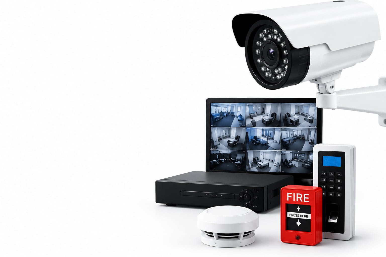 CCTV camera, NVR, fire alarm panel, and access control device